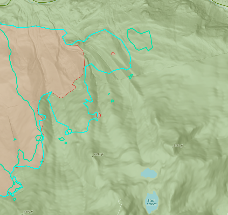 WashburnFire (Yosemite NP) - Intel 12 mapped the fire @ 3,843 acres. No obvious growth other than for the eastern side north of Raymond Mtn - shown below. 17% contained - this could be because of new growth rather than losing existing containment