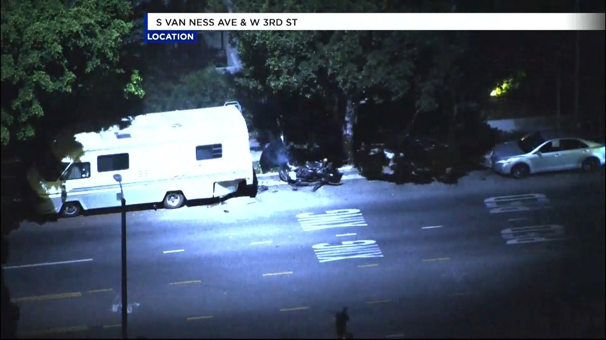 A possibly stolen vehicle slid into the back of an RV in Hancock Park as the driver tried to get away from an LAPD helicopter tracking them from above