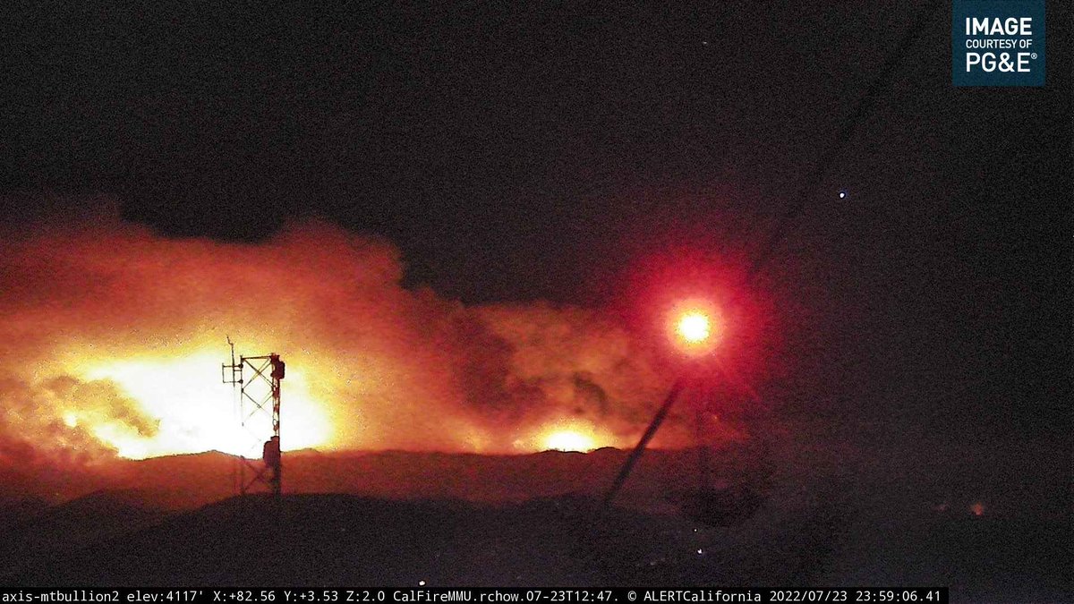 OakFire (Midpines, Mariposa Co) - View of all the activity on the north end of the fire, this cam faces due east towards Midpines. Tankers worked here earlier. Should also mention the BriceburgFire (cyan) from 2019 is also to the north & burned into the Ferguson (right side)