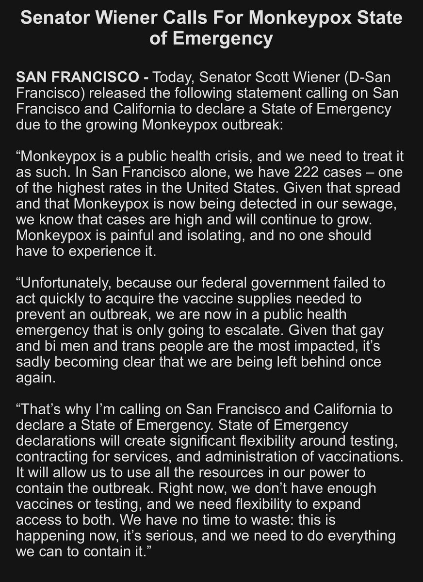 Senator @Scott_Wiener is calling for California and SF to declare a Monkey Pox state of emergency.   we are now in a public health emergency that is only going to escalate, he said in a statement