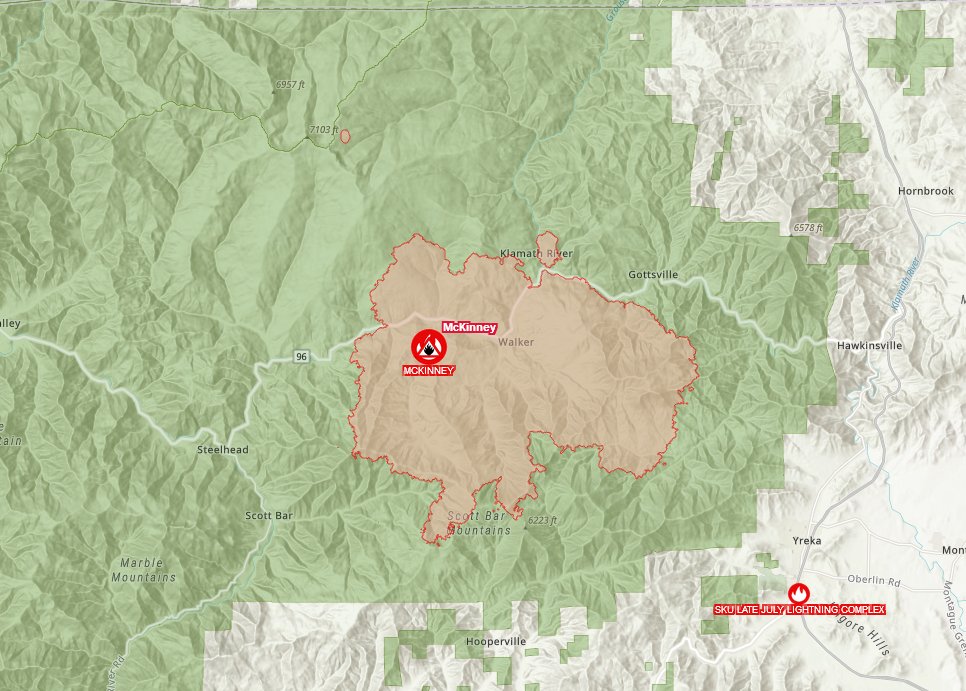 McKinneyFire (Klamath NF, Siskiyou Co) - Also noting heat detected ~4.2 miles off the northern edge of the fire to the N/NW in the Condrey Mountain area, 70 acres or so. 