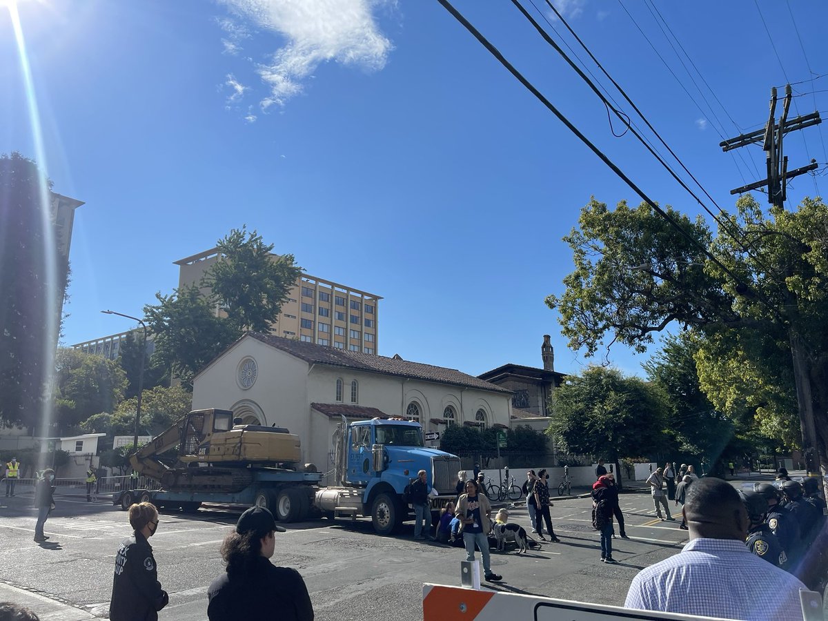 Protestors trying to save People's Park in Berkeley have blocked a truck carrying tree trimming equipment.  Several other tree trucks made it.  Workers have begun cutting down trees in park to make way for construction of new housing for 1100 Cal students and 125 homeless people