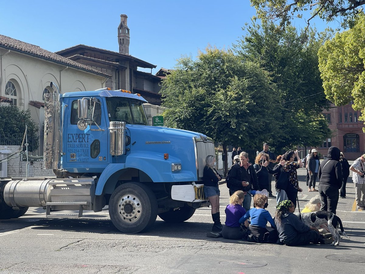 Protestors trying to save People's Park in Berkeley have blocked a truck carrying tree trimming equipment.  Several other tree trucks made it.  Workers have begun cutting down trees in park to make way for construction of new housing for 1100 Cal students and 125 homeless people