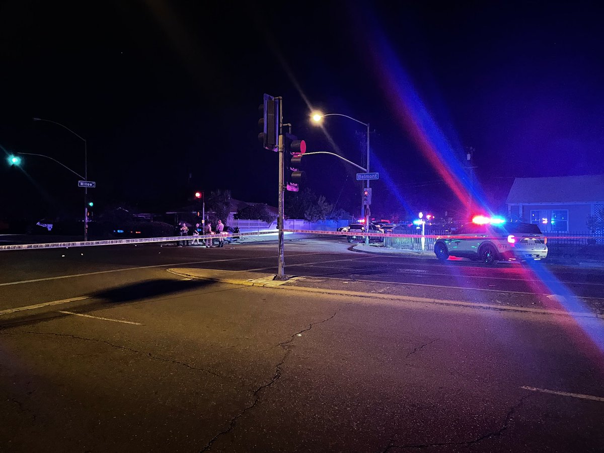 The intersection of Willow and Belmont is shut down as @FresnoSheriff's investigates what appears to be a shooting involving at least two vehicles. One of the cars also crashed into a fence