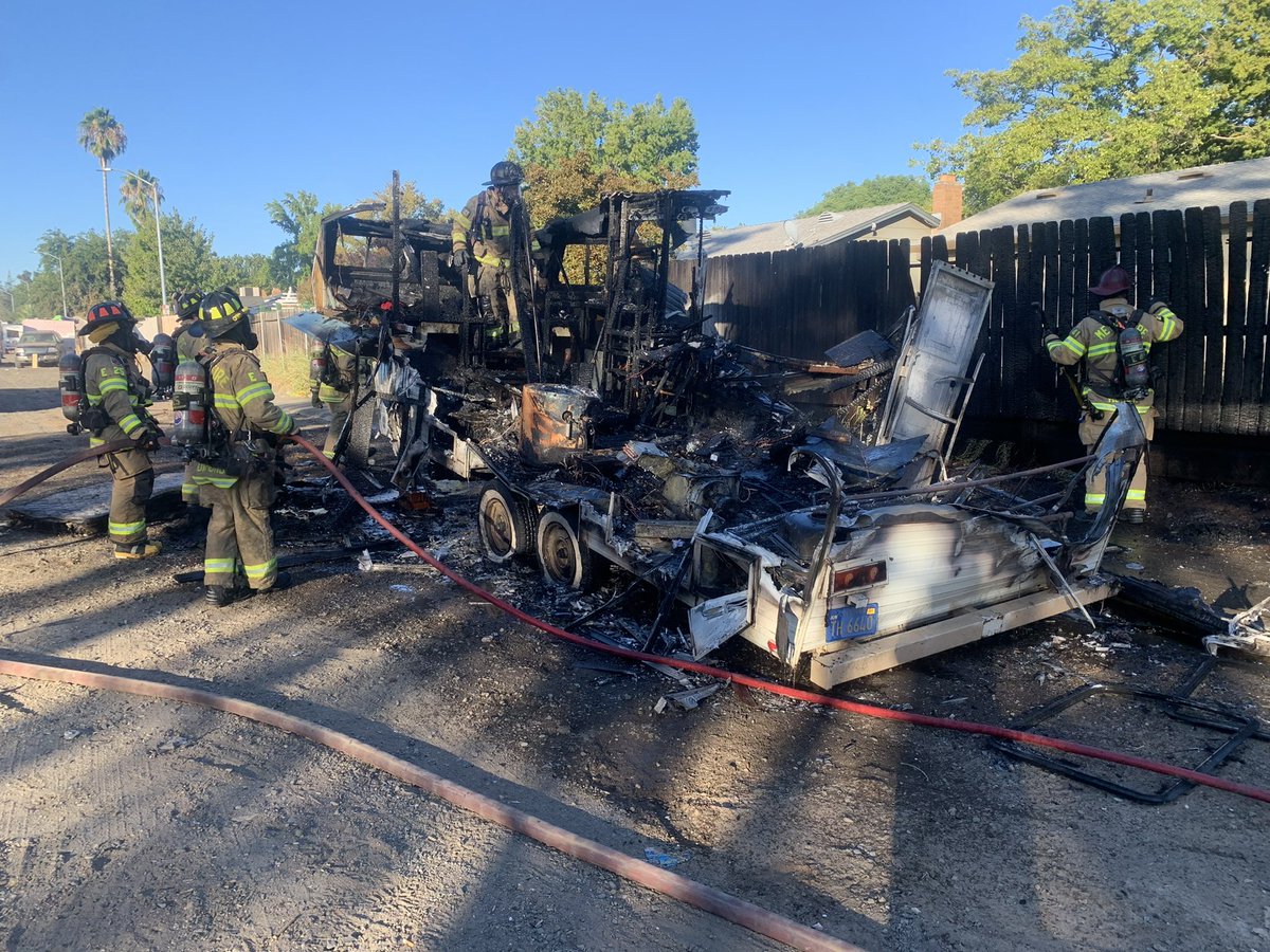 Metro Fire responded for an RV fire next to a homeless encampment in North Highlands. The fire was kept from burning an adjacent home along Roseville Rd, but did burn the fence. No injuries reported. The fire is under investigation