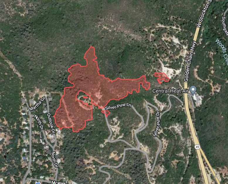 WoodsFire (Jamestown/Sonora, Tuolumne Co) - FIRIS mapped the fire at approximately 20 acres, several spot fires - map below is from their data. Perimeters don't reflect structure protection efforts on the ground