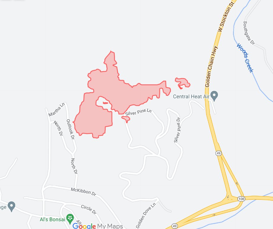 WoodsFire (Jamestown/Sonora, Tuolumne Co) - FIRIS mapped the fire at approximately 20 acres, several spot fires - map below is from their data. Perimeters don't reflect structure protection efforts on the ground