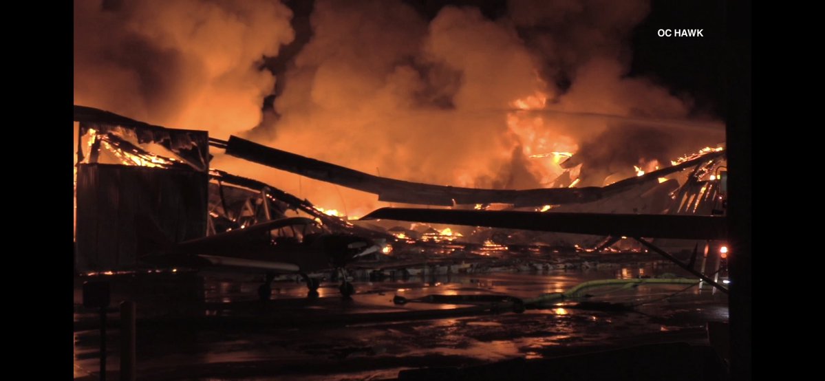 CHINO - A massive fire ripped through a hangar at Chino Airport overnight, completely destroying the building