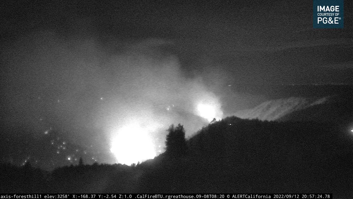 MosquitoFire (Foresthill, Placer Co/El Dorado Co) - Copter 305 overhead for night ops, reporting the S/W wind push has cleared all the smoke out on the S/W side. Some clearer views on cams too (left cam = Buckeye Point firing ops, good progress there per earlier meeting)