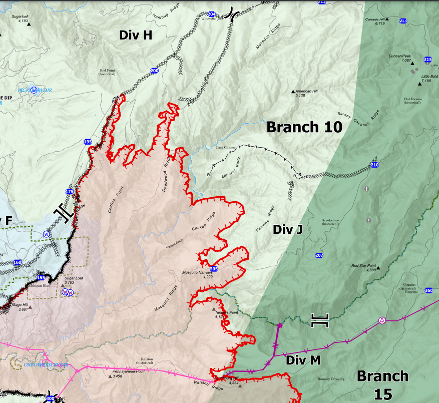 MosquitoFire (Foresthill, Placer Co/El Dorado Co) - HelCo reporting the entire east side in Div M + Div J remains pretty active & moving out, making slope runs with  intermittent torching. 10+ acre spot fire 1.5-2 miles out in front of Division J. Firing op in Div H is going well