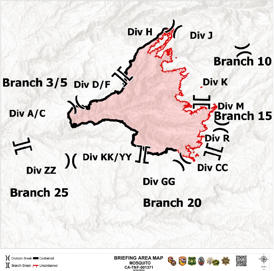 MosquitoFire briefing map for Sunday (9/18) shows black line from Bacchi Ranch Rd. to Westville: the entire western perimeter of the fire