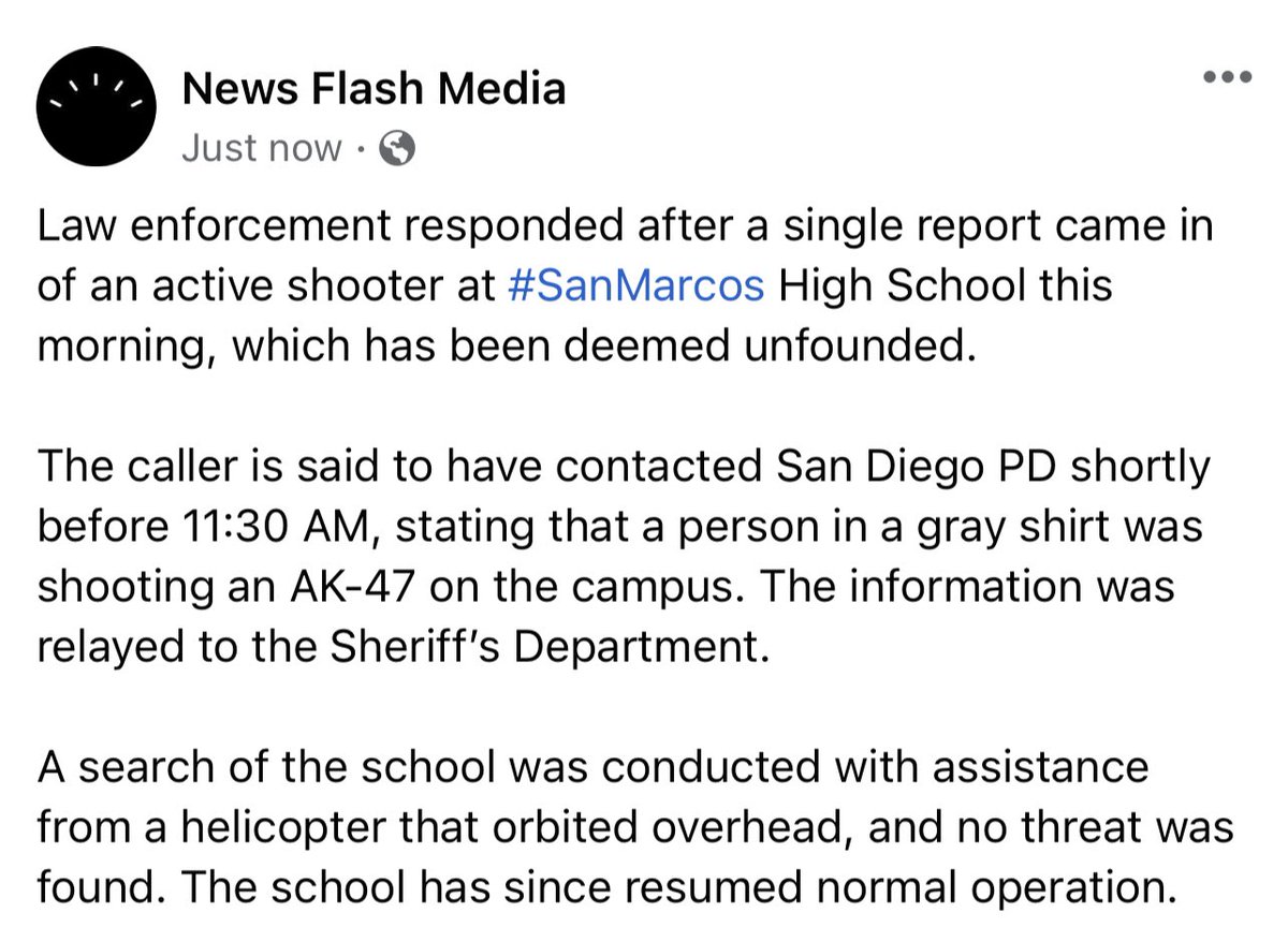 Report of active shooter at SanMarcos High School this morning deemed unfounded, authorities say: