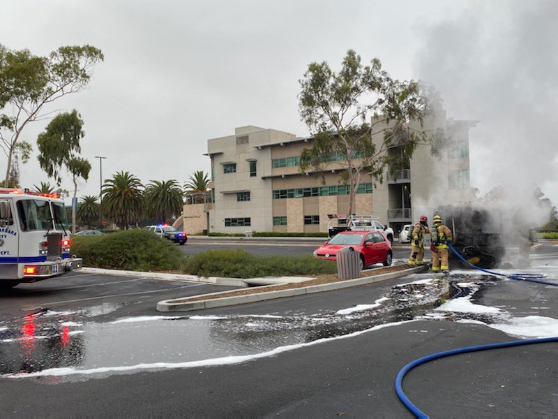 UCSB Street Sweeper Fire: Near 226 Henley Hall. Sweeper operator excited safely & called 911 after noticing smoke.  Smoke reported as far away/SB Airport tower.  SBC Fire Responded with three Eng's, and  BC.  Fire knocked down and under investigation.  No injuries reported. CT 7:28am