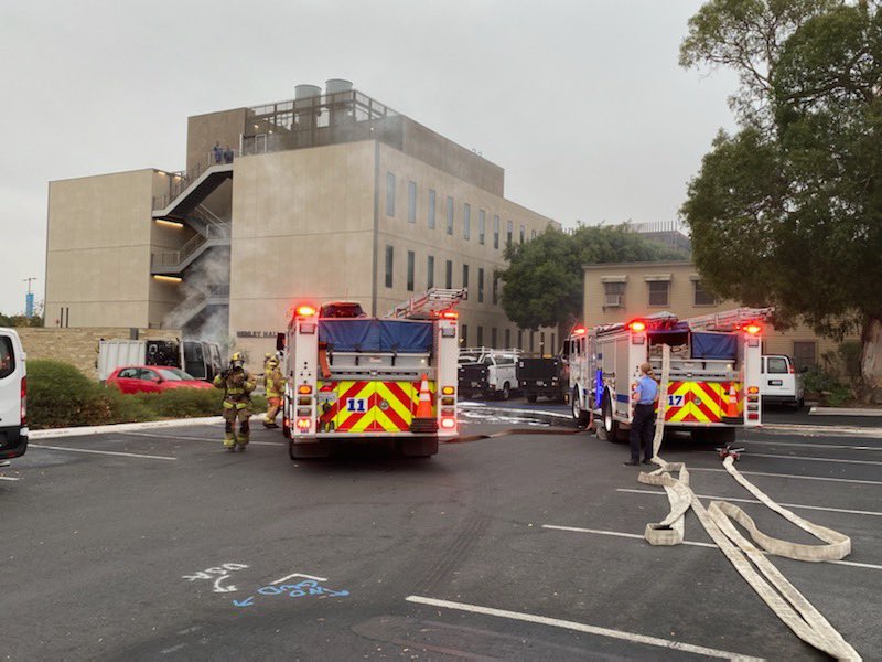 UCSB Street Sweeper Fire: Near 226 Henley Hall. Sweeper operator excited safely & called 911 after noticing smoke.  Smoke reported as far away/SB Airport tower.  SBC Fire Responded with three Eng's, and  BC.  Fire knocked down and under investigation.  No injuries reported. CT 7:28am