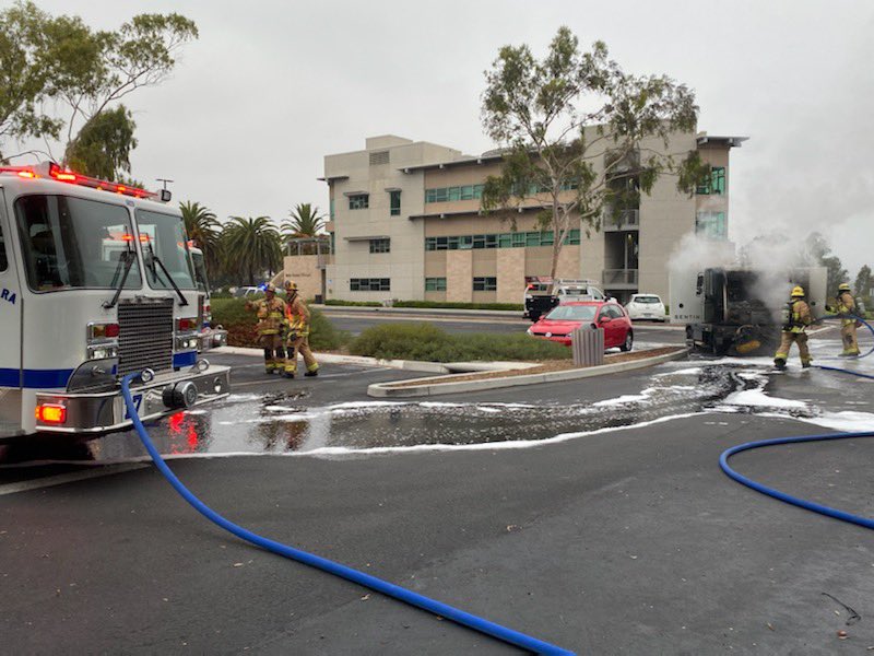 UCSB Street Sweeper Fire: Near 226 Henley Hall. Sweeper operator excited safely & called 911 after noticing smoke.  Smoke reported as far away/SB Airport tower.  SBC Fire Responded with three Eng's, and  BC.  Fire knocked down and under investigation.  No injuries reported. CT 7:28am