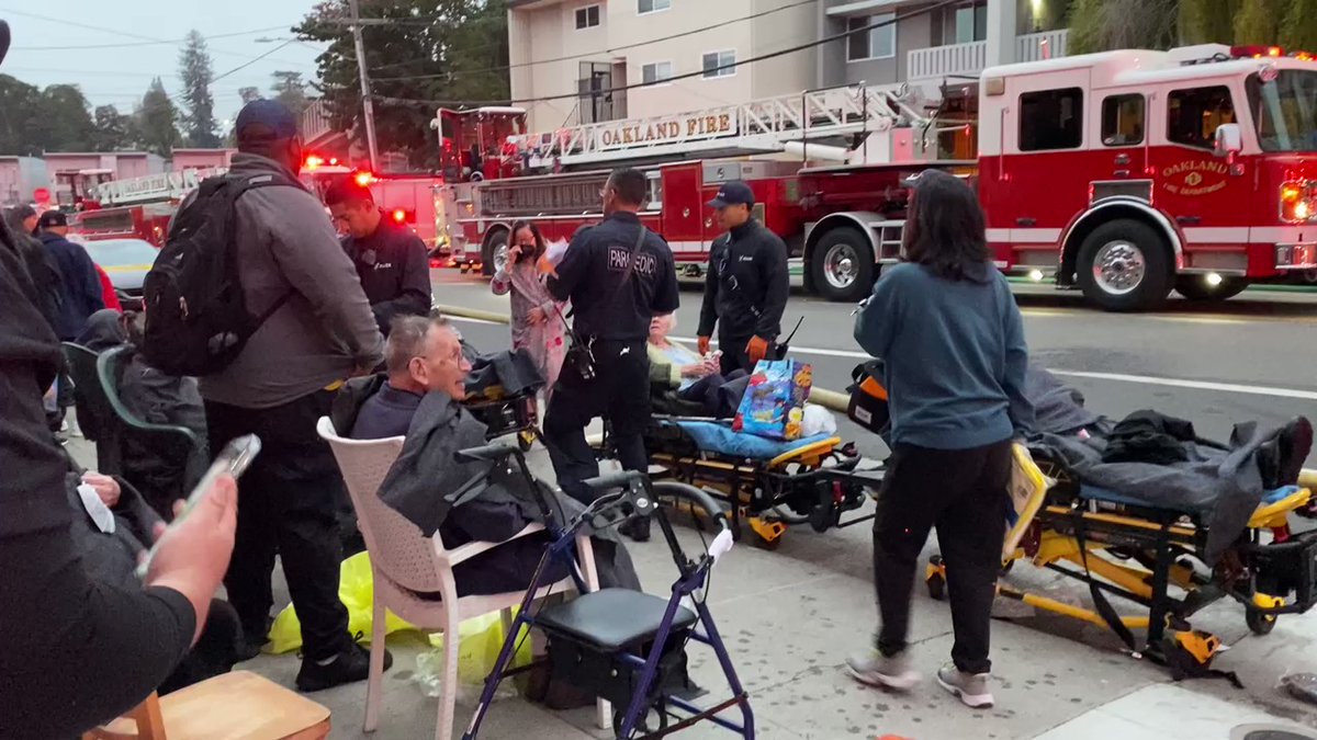 About 40 people displaced after fire at the Grand Lake Gardens senior living facility. @OaklandFireLive: One person transported to hospital for smoke inhalation, another for minor injury. But good news is fire is out, and no lives lost