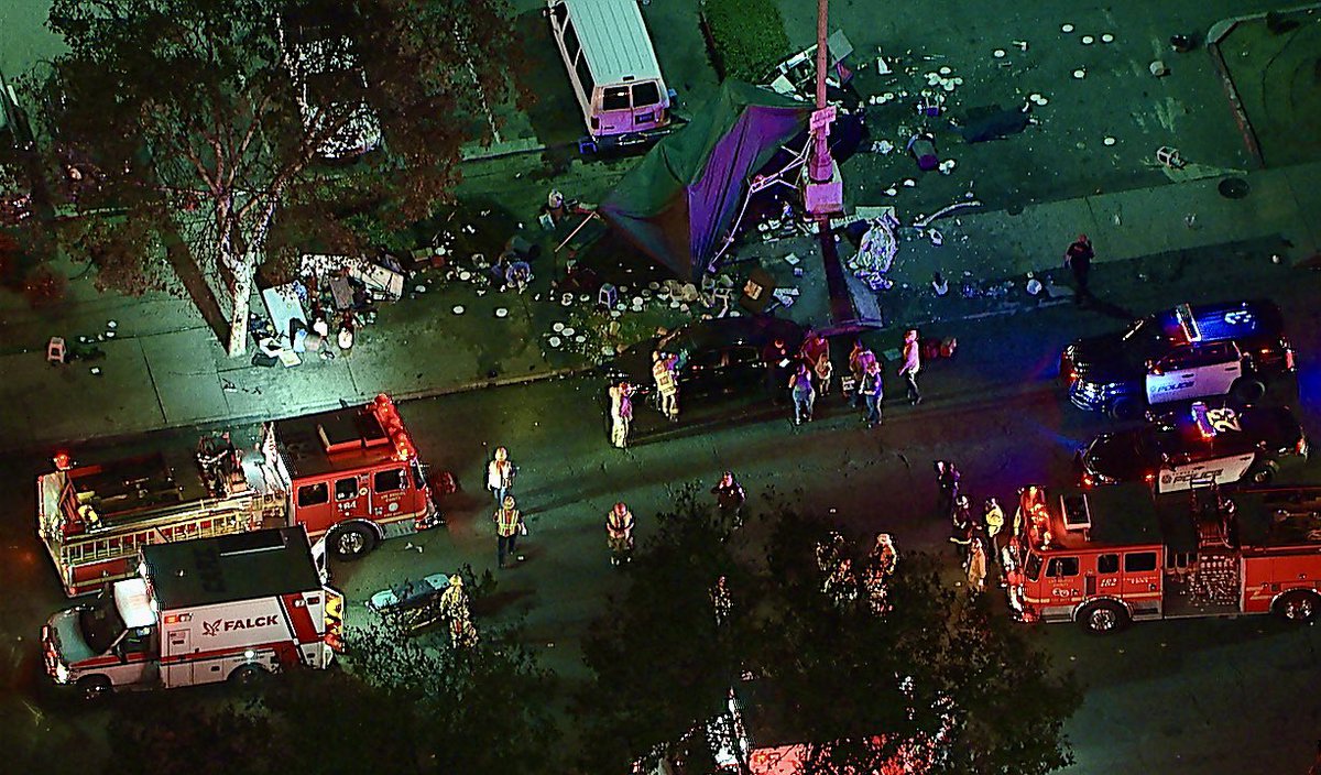 Mass casualty crash in Pomona, CA - A car has slammed into a busy street food stand at Holt Ave x Dudley St, 1 dead and 8 others injured, including 5ppl in critical condition. Female driver fled the scene on foot, police are searching