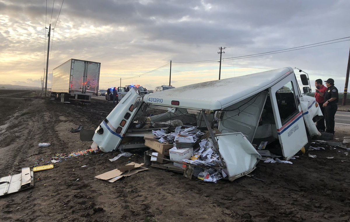 Postal worker injured - Semi-truck vs. U.S. Mail vehicle -  Non-life threatening injuries. 3500 block of West Main Street, near Santa Maria. 