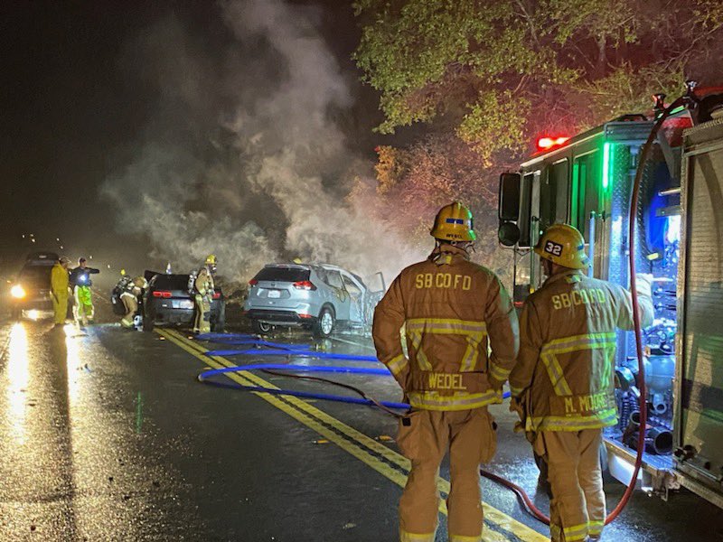 Vehicle Accident Fire: HWY 154, one mile East of Cachuma Entrance. Two Cars involved. One of the vehicles caught fire after two occupants assisted to safety/bystanders. HWY 154 closed for approx. 20min. CT 12:53am