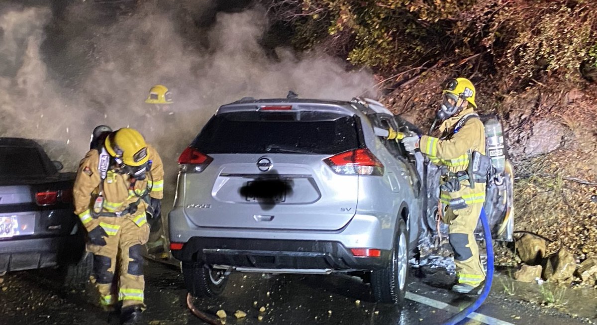 Vehicle Accident Fire: HWY 154, one mile East of Cachuma Entrance. Two Cars involved. One of the vehicles caught fire after two occupants assisted to safety/bystanders. HWY 154 closed for approx. 20min. CT 12:53am