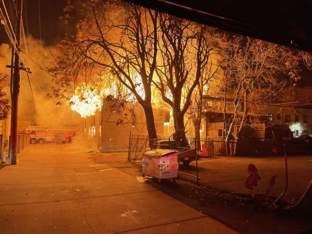 Early this morning, 2-alarm structure fire; 11th and G Street. Two separate residential buildings involved. Both buildings were vacant at the time of the fire. A collapse occurred in one structure. No injuries reported. The fire has been extinguished and is under investigation