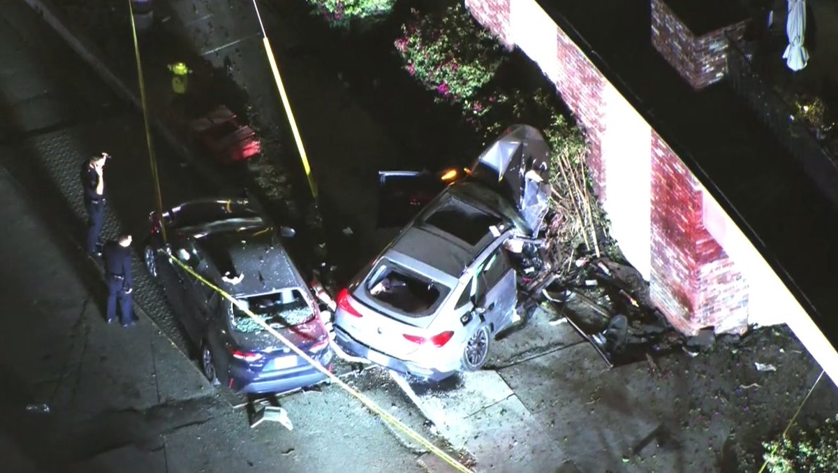 A 30-yr-old man in this Mercedes Benz was critically injured when his car slammed into this building in the 2200 blk of N. Cahuenga Bl. in the HollywoodHills