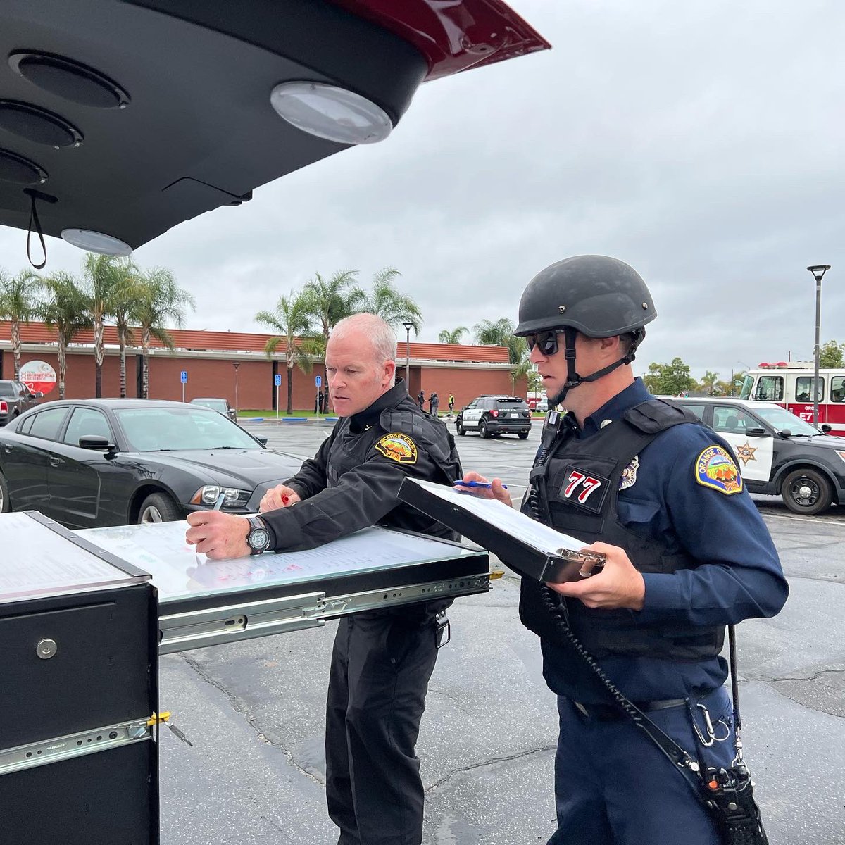Santa Ana - Firefighters from the OCFA and outside agencies participated in a training exercise with the Santa Ana Police Department and the Santa Ana School Police that involved a shooting incident with multiple victims this morning at Saddleback High School.