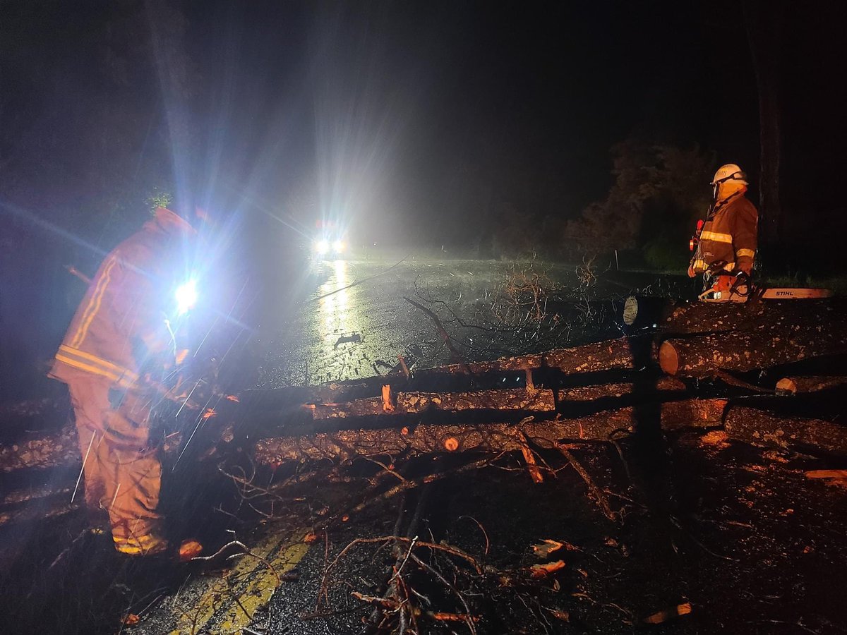 Photos courtesy of Cole Euken from a downed tree blocking Highway 175 near Maple Shadows Drive in Wispering Pines.  Do not approach or touch any downed power lines. Call 911 to report it and maintain a safe distance from them