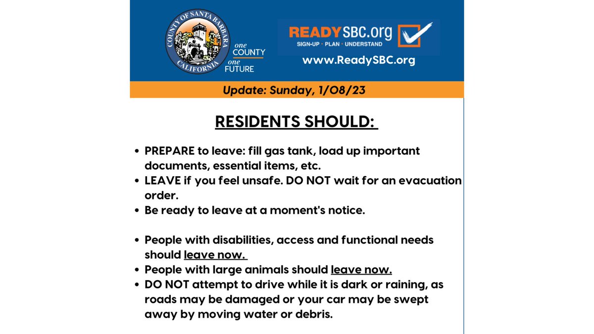 EVACUATION  issued for identified properties & areas in south Santa Barbara County associated with Alisal, Cave and Thomas Fires due to incoming storm Mon, 1/09 -Tues, 1/10. 