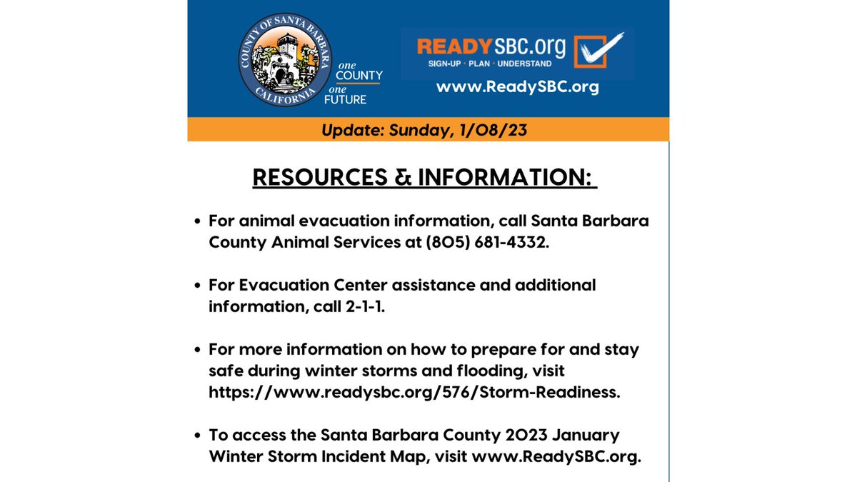 EVACUATION  issued for identified properties & areas in south Santa Barbara County associated with Alisal, Cave and Thomas Fires due to incoming storm Mon, 1/09 -Tues, 1/10. 