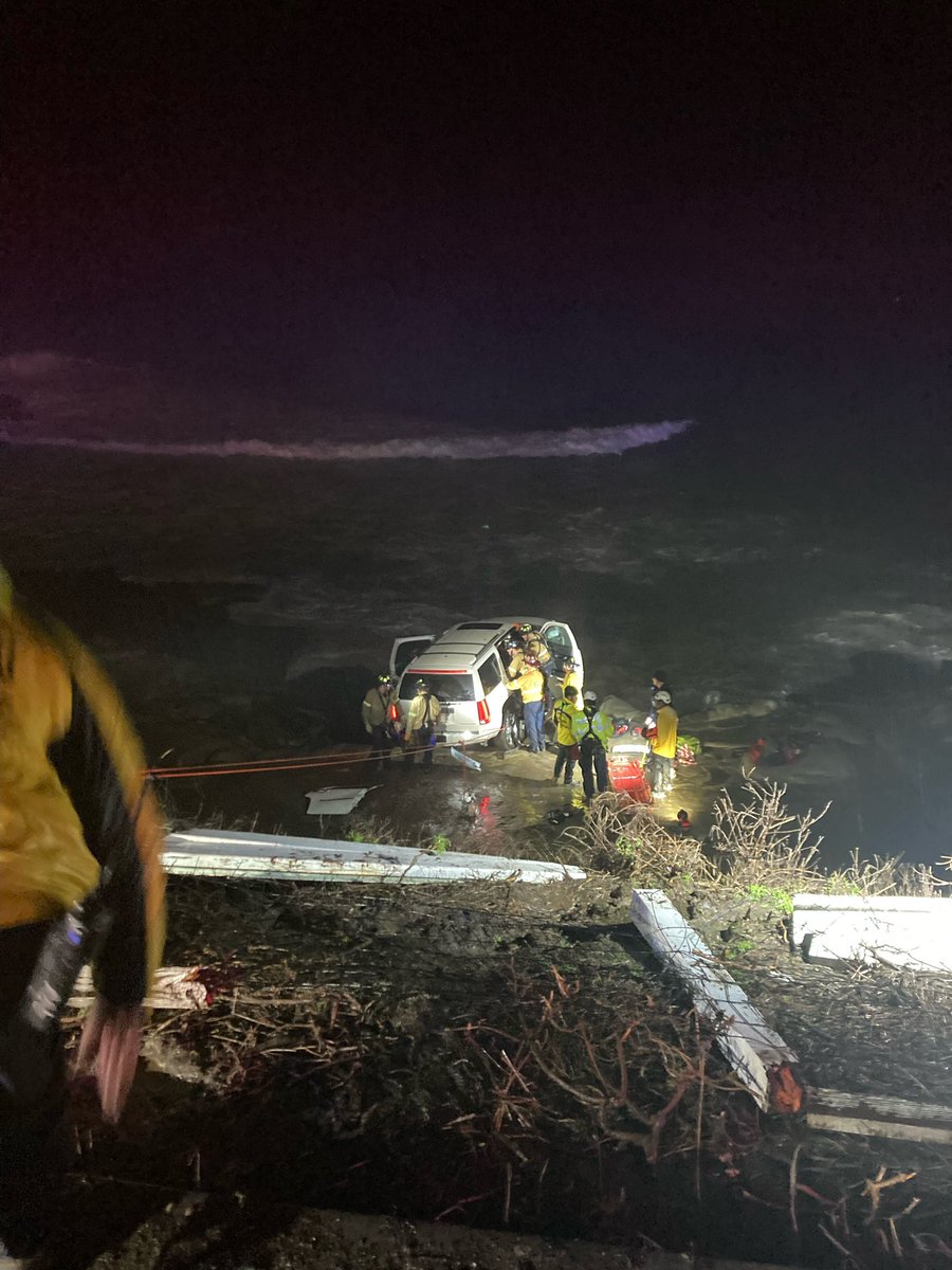 vehicle off the road onto rocks on the beach at 1200 Coast Blv. Driver trapped. Solo occupant. Firefighters & lifeguards working to rescue the victim