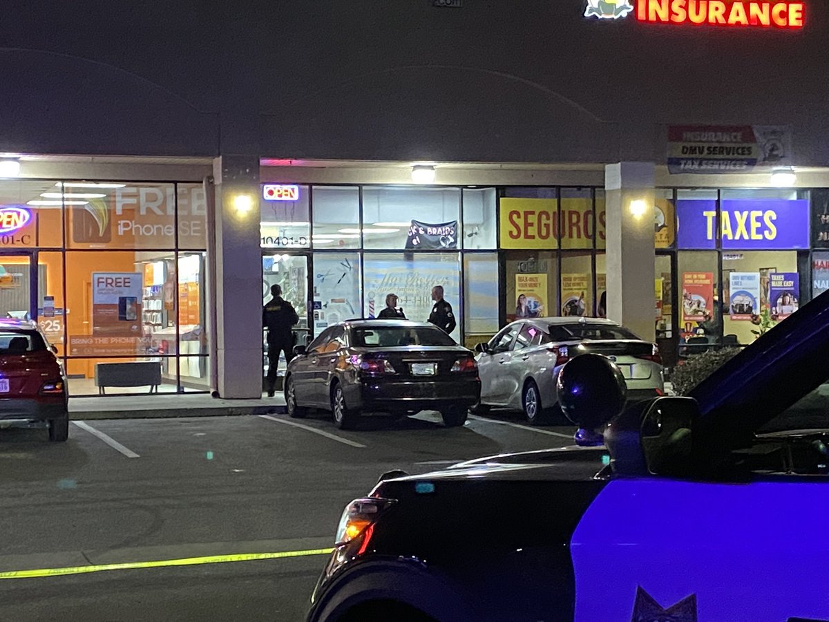 shopping plaza at 10401 Folsom Boulevard in Rancho Cordova where multiple shots have been fired. Bullet holes are seen in the glass of Mo Better Hair Salon. One victim with life threatening injuries the other with non life threatening