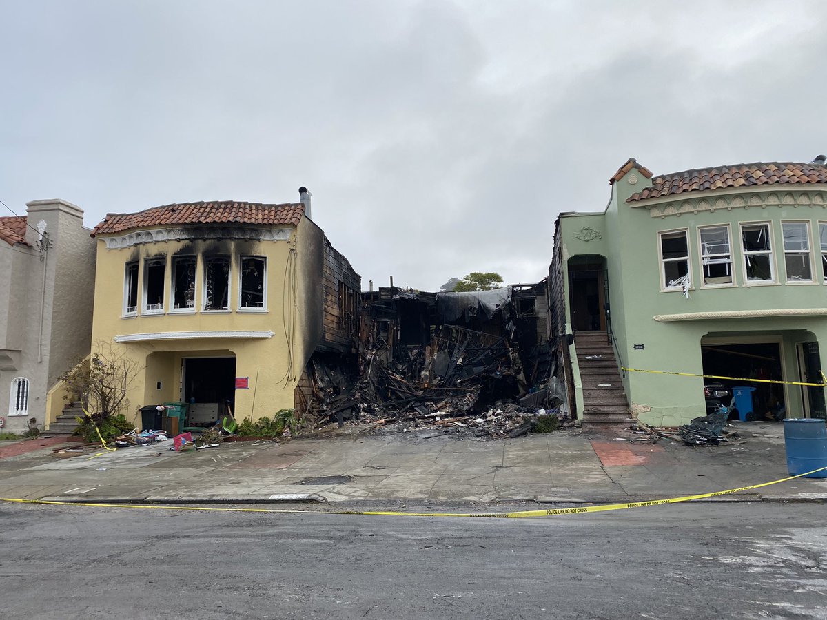 @SFFDPIO and @SFPD investigating what caused the explosion and fire that destroyed this home in the Sunset district. The body of one woman who lives there, pulled from the rubble last night. Another woman still hospitalized with serious burns.