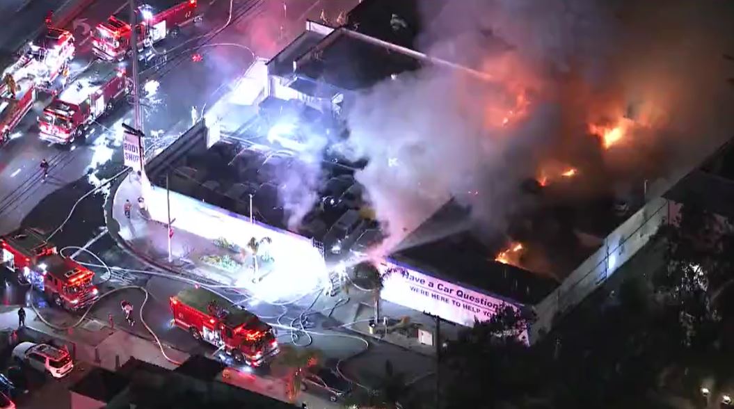 Firefighters are battling a blaze at an auto body shop in the 9300 block of Venice Blvd. in Palms tonight. LAFD says they are in the defensive operation. Sky5 is overhead
