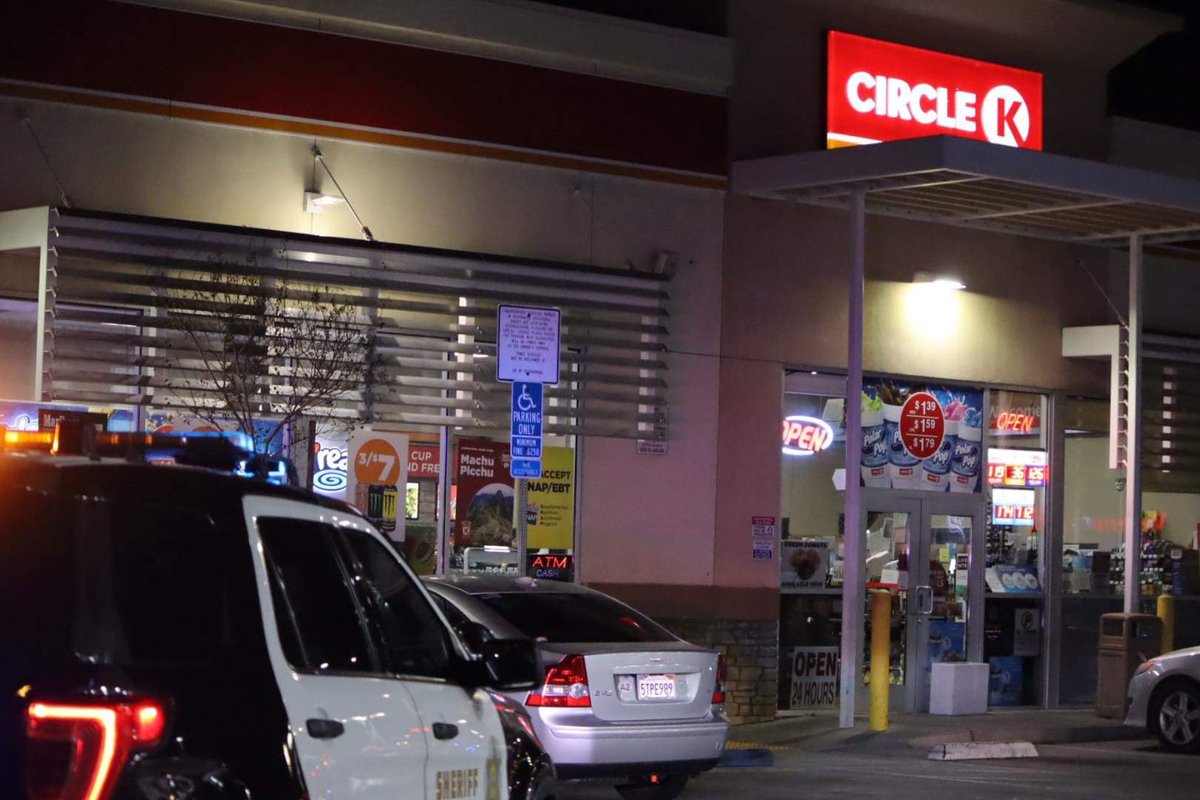 Lancaster,ca: 417/211(person with a gun/robbery) 20th st w and Ave J at Circle K, 1 males black  and 1 male white with guns at location. Both males are armed suspects are no longer in the store. Suspect 1 male black 17 years old red mask black shirt. Suspect 2 male white 17 long