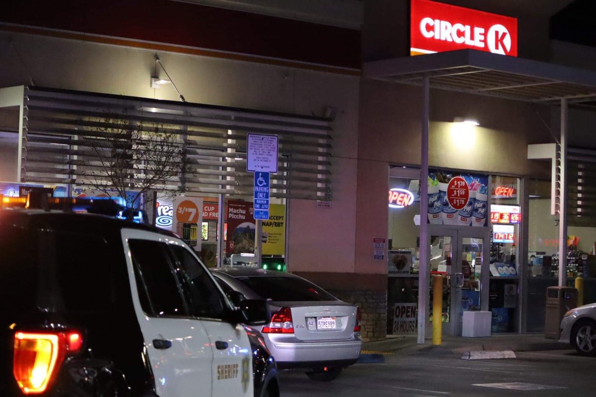 Lancaster,ca: 417/211(person with a gun/robbery) 20th st w and Ave J at Circle K, 1 males black  and 1 male white with guns at location. Both males are armed suspects are no longer in the store. Suspect 1 male black 17 years old red mask black shirt. Suspect 2 male white 17 long