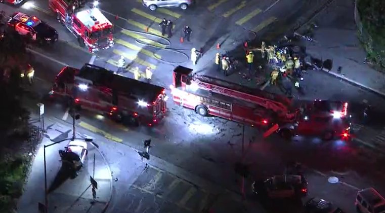 At least three people were injured in a gnarly two-vehicle collision in the 5200 block of Tujunga Ave. in NorthHollywood tonight. One person trapped, requiring extrication by LAFD crews. 