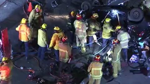 At least three people were injured in a gnarly two-vehicle collision in the 5200 block of Tujunga Ave. in NorthHollywood tonight. One person trapped, requiring extrication by LAFD crews. 