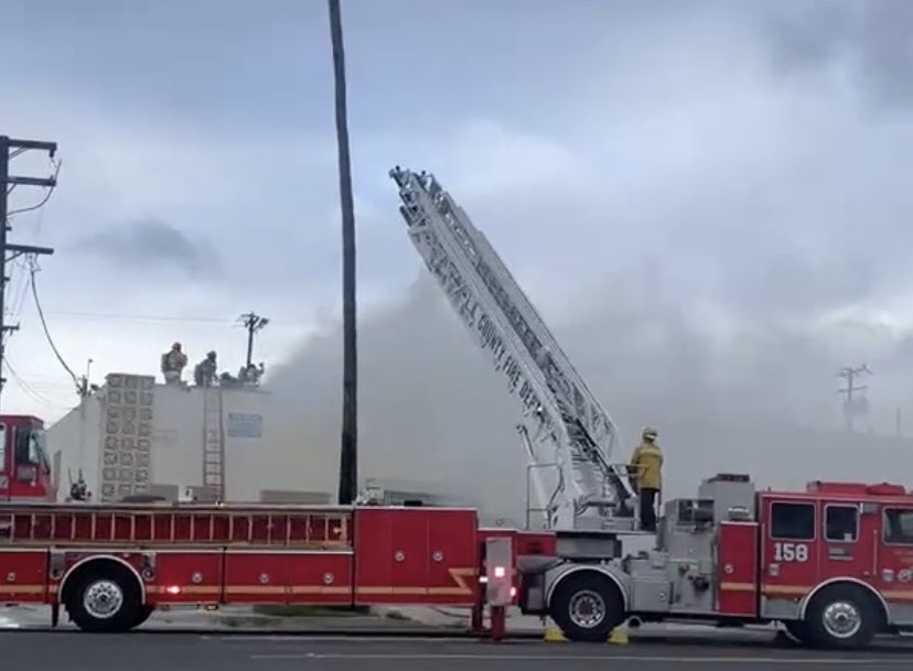 2nd alarm. 12929 S Broadway Compton CA. Fire large 1 story commercial building