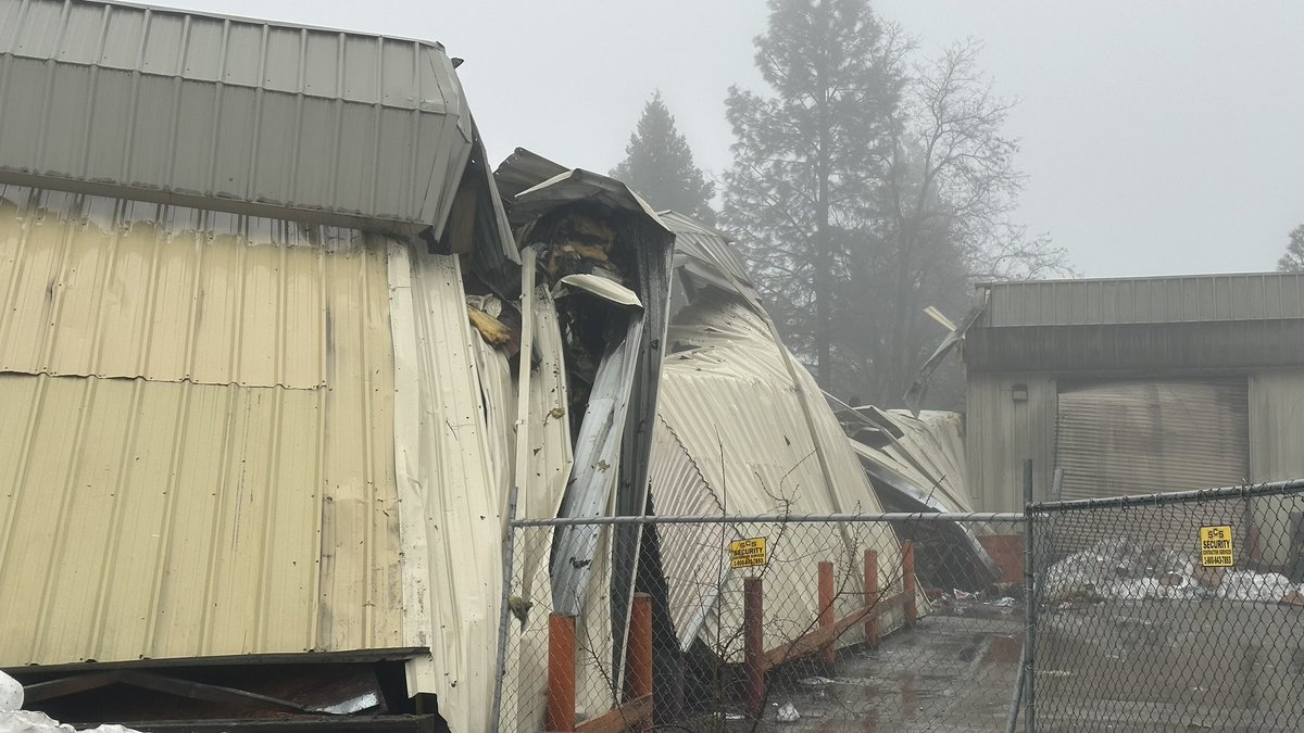 A commercial structure collapsed in Grass Valley following an overnight storm. This is on Loma Rica Drive. No one was inside at the time,