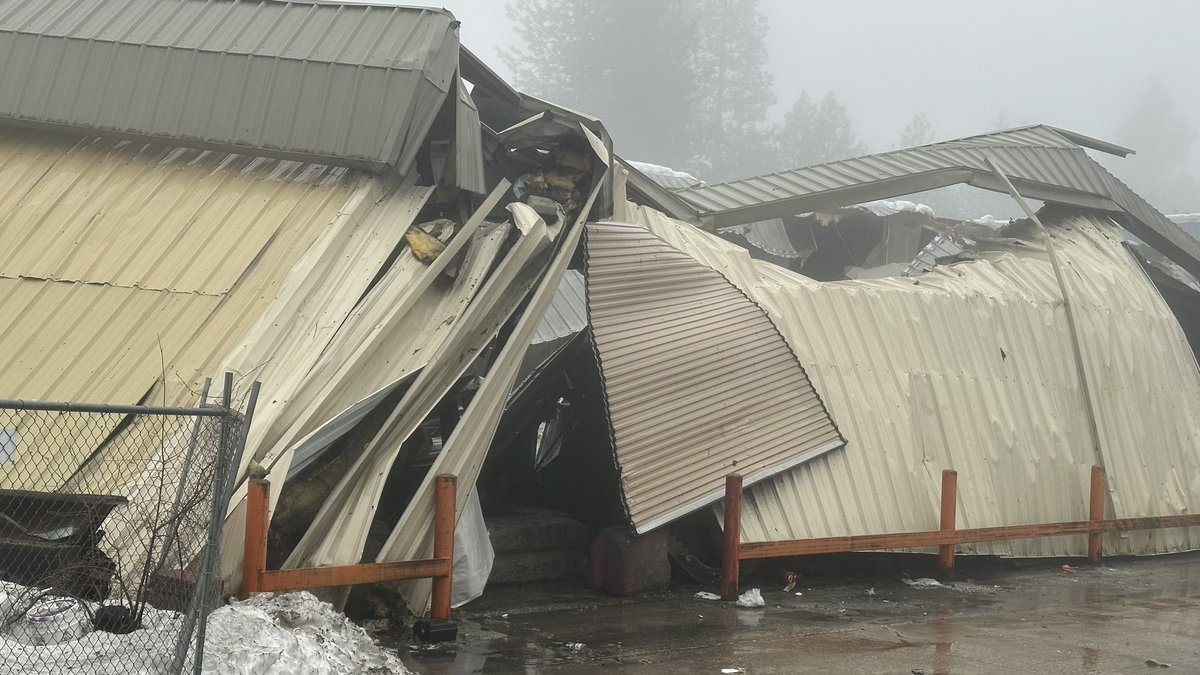 A commercial structure collapsed in Grass Valley following an overnight storm. This is on Loma Rica Drive. No one was inside at the time, 