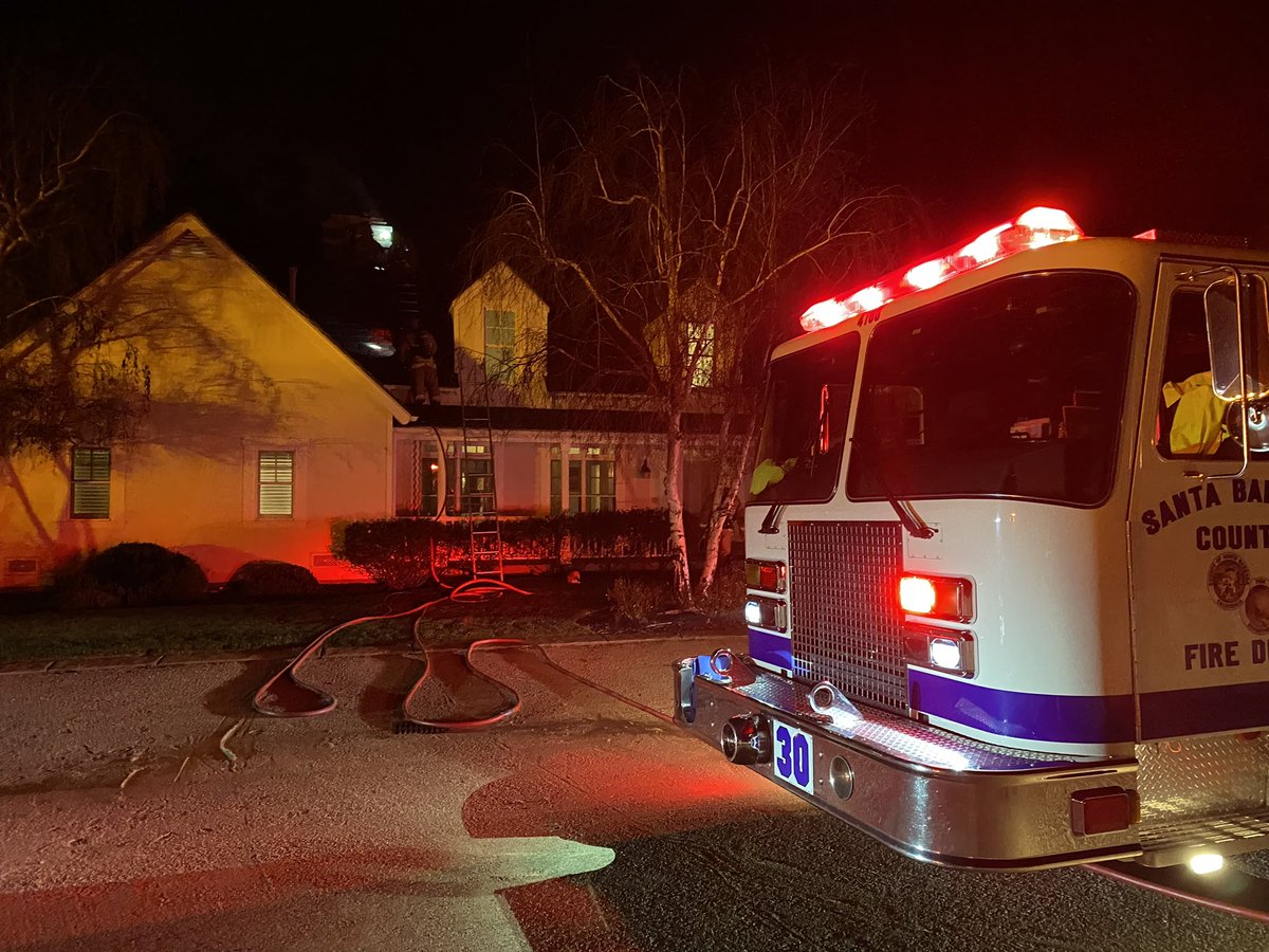 Chimney Fire: 2100 Dermanak Rd, Solvang. Large two story residence, fire noted coming from roof/chimney box. Residents self evacuated, light smoke in house.  Fire knocked down at 9:52pm.  No injuries reported. FF's remain on scene for mop-up. Cause under investigation. CT 9:29pm