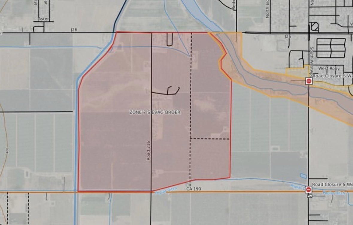 .@TulareSheriff issued a second evacuation order in Porterville for residents on Olive Ave (Ave 152) to Ave 144 & from the Friant/Kern Canal to the Tule River and Westwood St.   About 100 people are impacted by this order