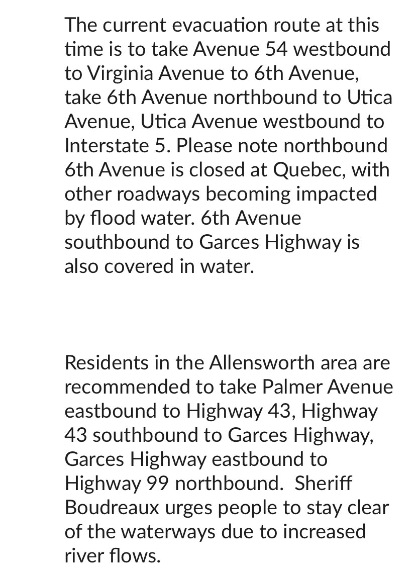 TCSO has issued an evacuation order for all homes and businesses in the Alpaugh and Allensworth area. Sheriffs Boudreaux says this was prompted by recent flooding events and impassible roadways