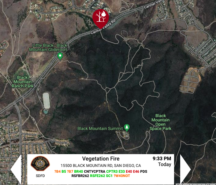 VegetationFire - Black Mountain - E46 has eyes on a vegetation fire near the top of Black Mountain (City of SD). Requesting 1st alarm with 1 copter. SDPD is working a missing hiker on the mountain, unknown if related