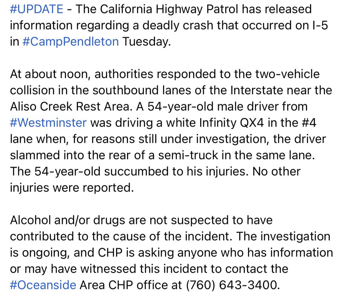California Highway Patrol releases information regarding deadly crash on I-5 in CampPendleton: