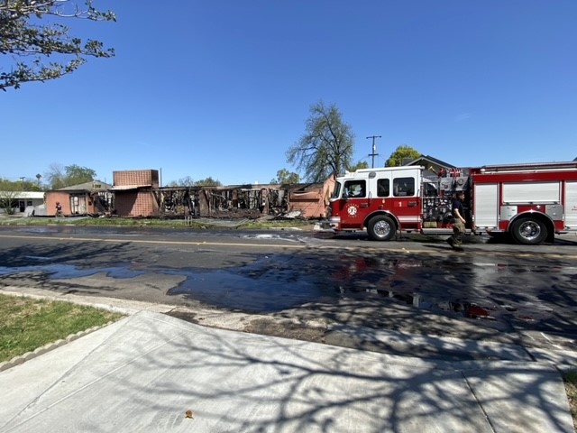 A commercial building was destroyed Sunday after a fire broke out near Olive and Blackstone Avenues in Fresno