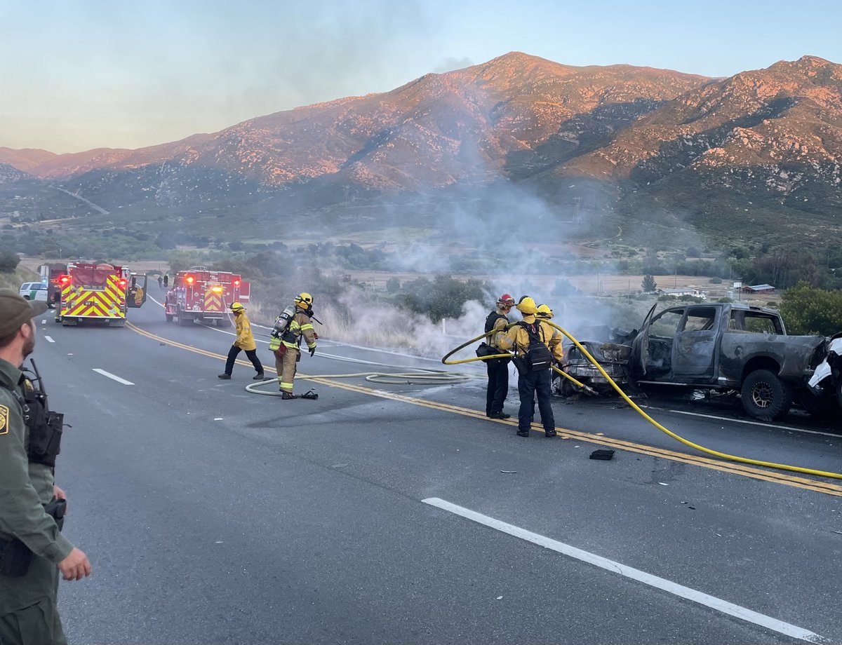 .@CALFIRESANDIEGO is at scene of a vehicle fire on Highway 94 x Cochera Via in Barrett. Sadly, one person was deceased upon arrival; one additional person with minor injuries was transported to hospital by ground ambulance. Highway 94 closed for extended time; avoid the area