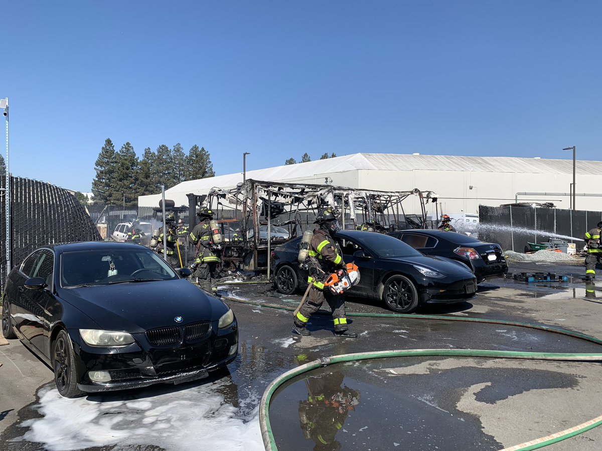 Fire spread from an RV to six other vehicles and a forklift. No injuries to civilians or fire personnel. Fire was under control at 10:24am and the cause is under investigation