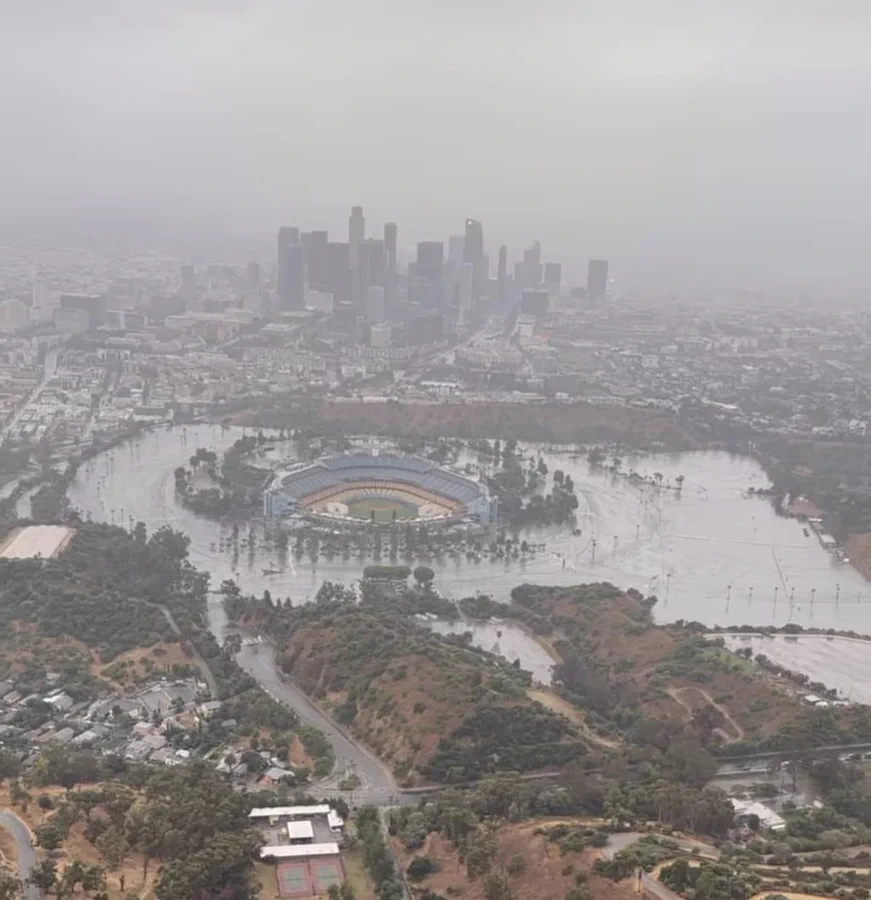 Dodger Stadium in Los Angeles this evening caused by the heavy rain from Hilary